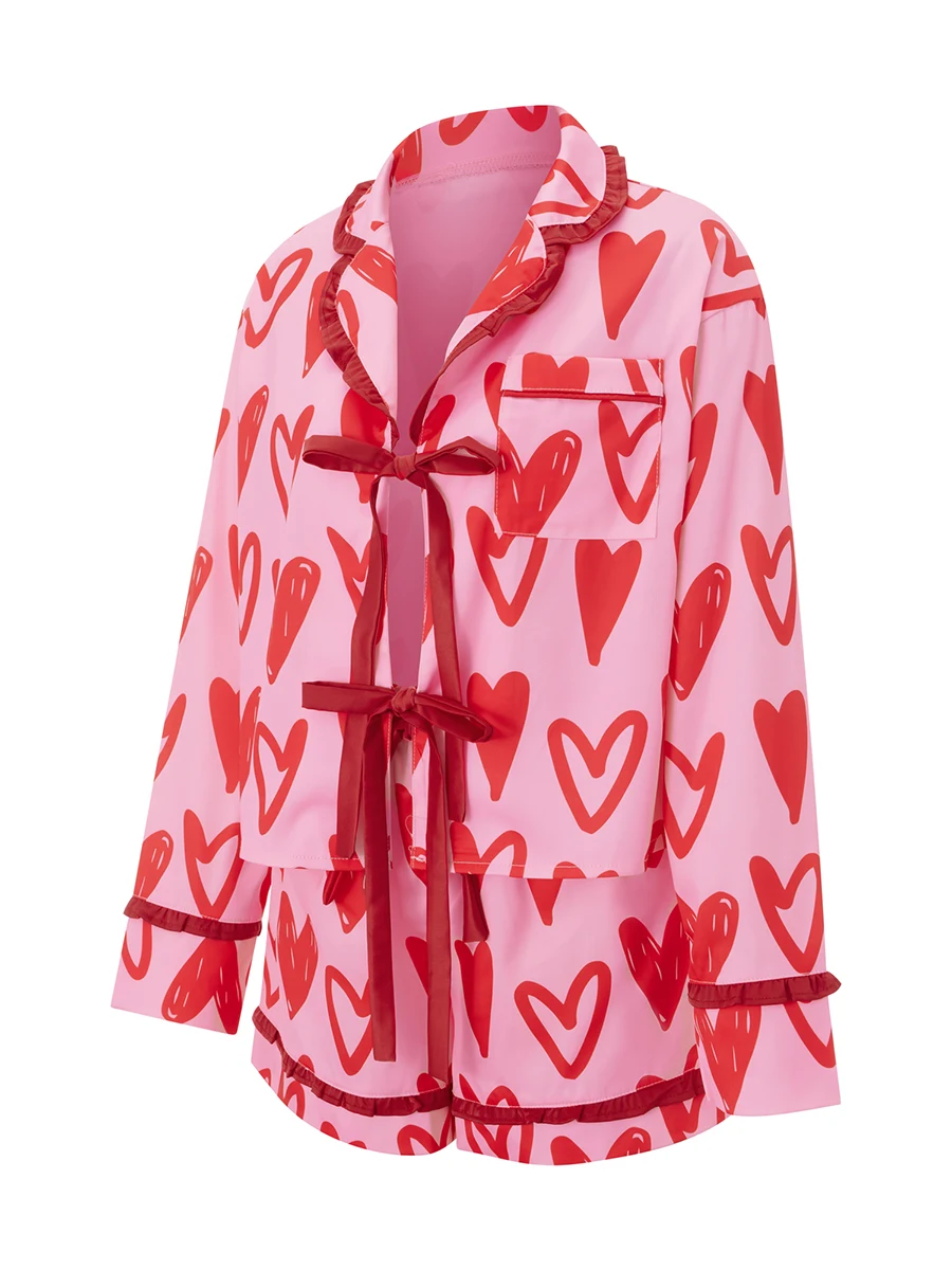 Pigiama da donna in seta per San Valentino, pigiama con fiocco, manica lunga, camicia abbottonata, pantaloncini, set da salotto a cuore, indumenti da notte