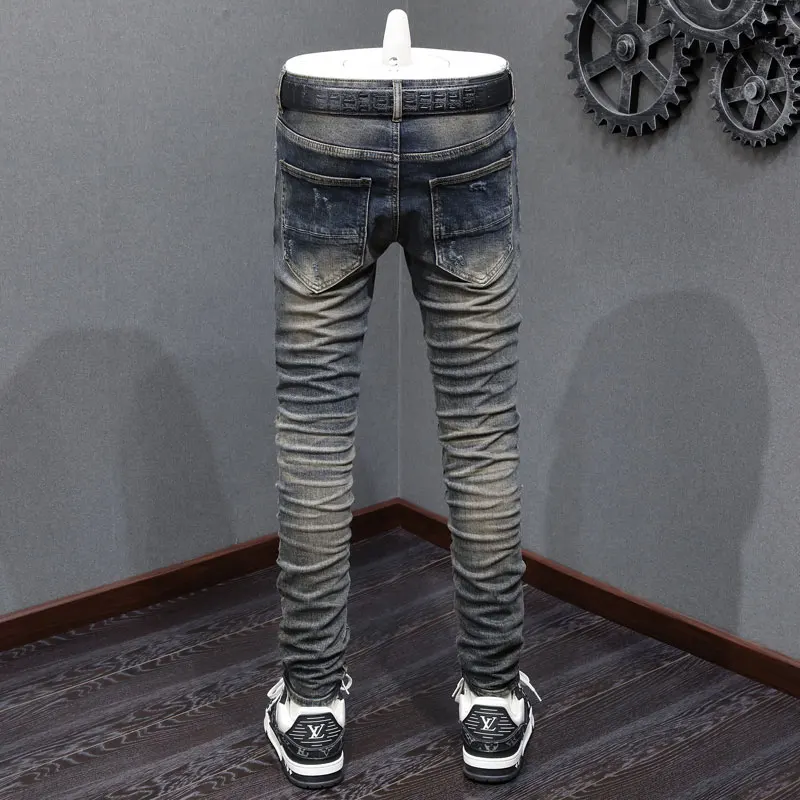 Latest designer fashion new men's jeans elastic tight patch leather washed black gray jeans high street fashion hip-hop brand pa