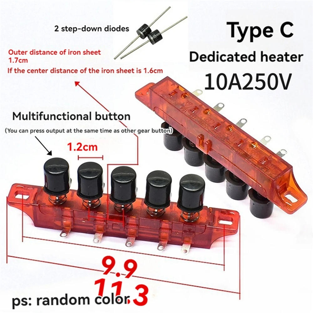 1pc 10A 250V Piano Key Switch/ Diode 3-Key/4-key Electric Heater Button Switch for Air Heating Fan Replacement Accessories