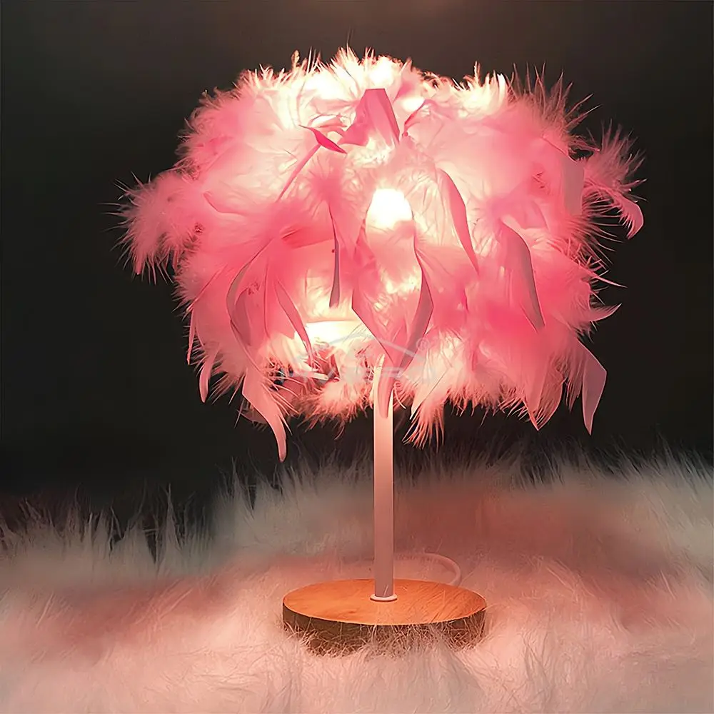 LED Warm Small Table Lamp Nordic Romantic Creative Feather Wedding Room Red Girl Bedroom Bedside Flashlight Night Reading Light