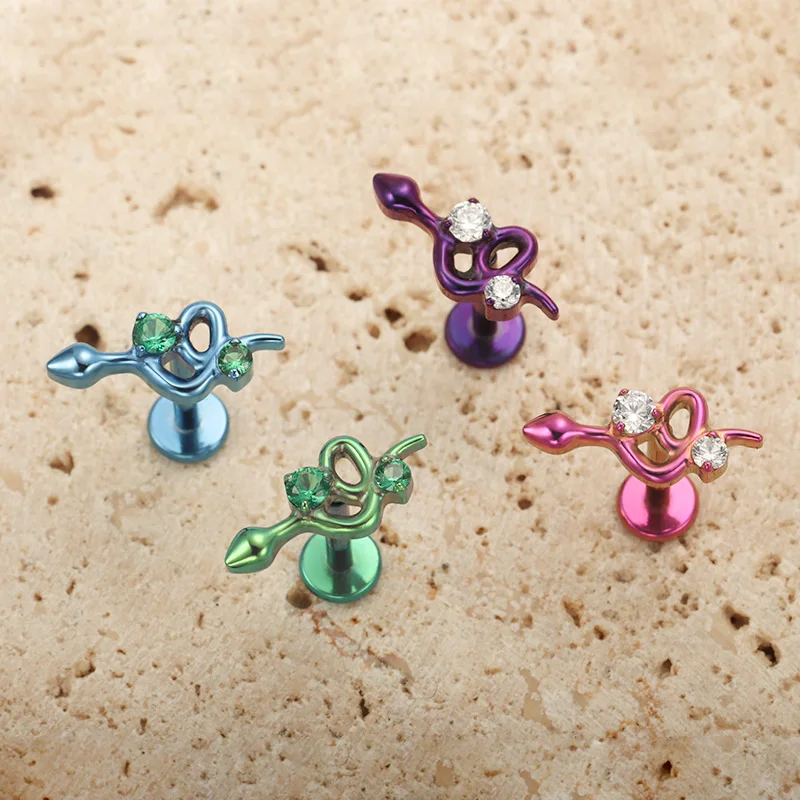 ASTM F136 TItanium Anodizing Snake Lab Piercing Labret with Cubic Zirconia Ear Helix Flat Tragus Earring Nose Ring Lip Piercing