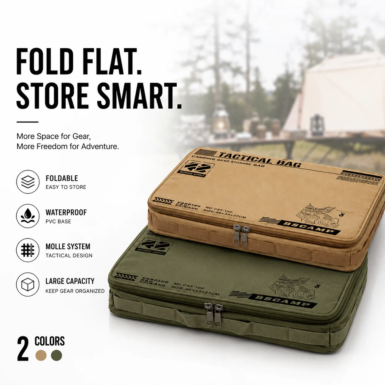 

45L Camping Storage Bag, Large Capacity Gear Organizer, Heavy Duty Molle Bushcraft Carrier with Waterproof Base & Mesh Pocket