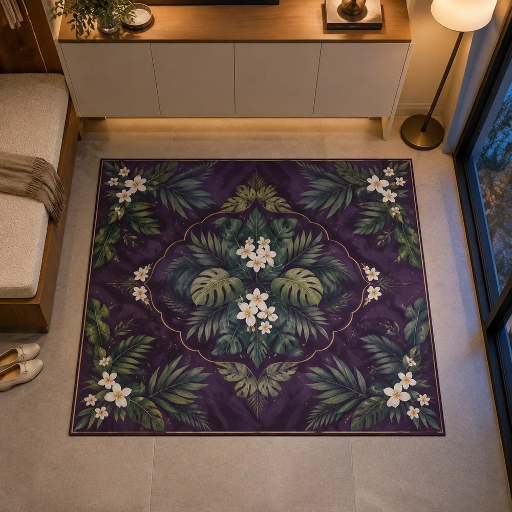 VIKAMA Carpet Rug Deep Plum Tropical Leaf Hand Drawn Easy Clean Laundry Room Staircase Master Bedroom Kitchen Modern Home Decor