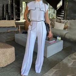 White Vest Top & Cuffed Pants Set Women Pant Sets Two Piece Suit Single Breasted O Neck High Waist Elegant Trousers Suits