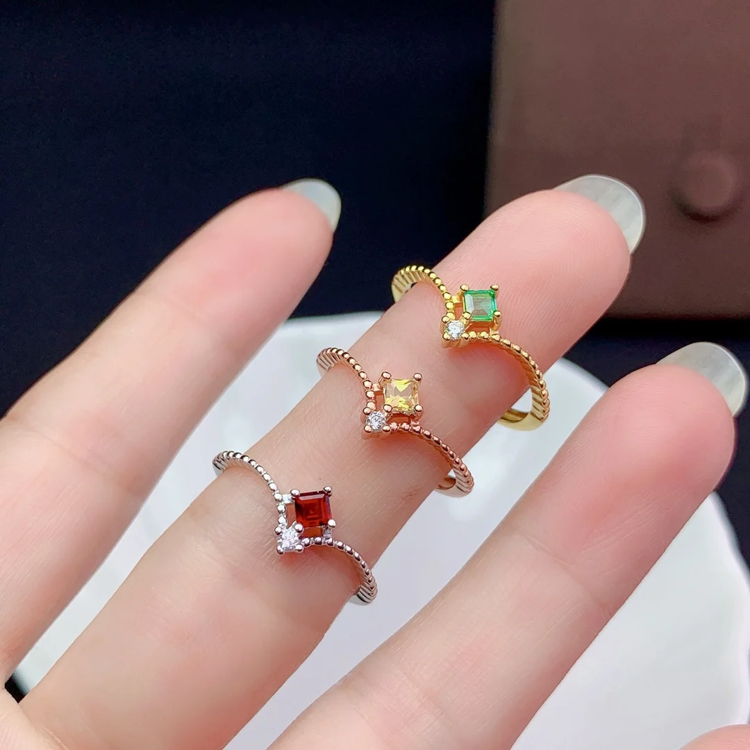 

Natural garnet, yellow colored sapphire, emerald ring, 925 silver certification, 3x3mm gemstone, beautiful girl gift