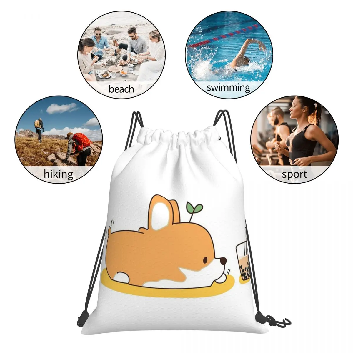 Corgi And Bubble Tea Backpacks Portable Drawstring Bags Drawstring Bundle Pocket Sports Bag Book Bags For Man Woman School