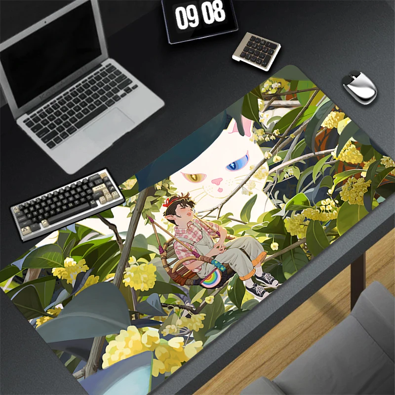 

Mouse Pad Anime Keyboard Pad Natural Rubber Anti-Slip Office PC Computer Green Plants White Cat Desk Mat Perfect Gift for Teens