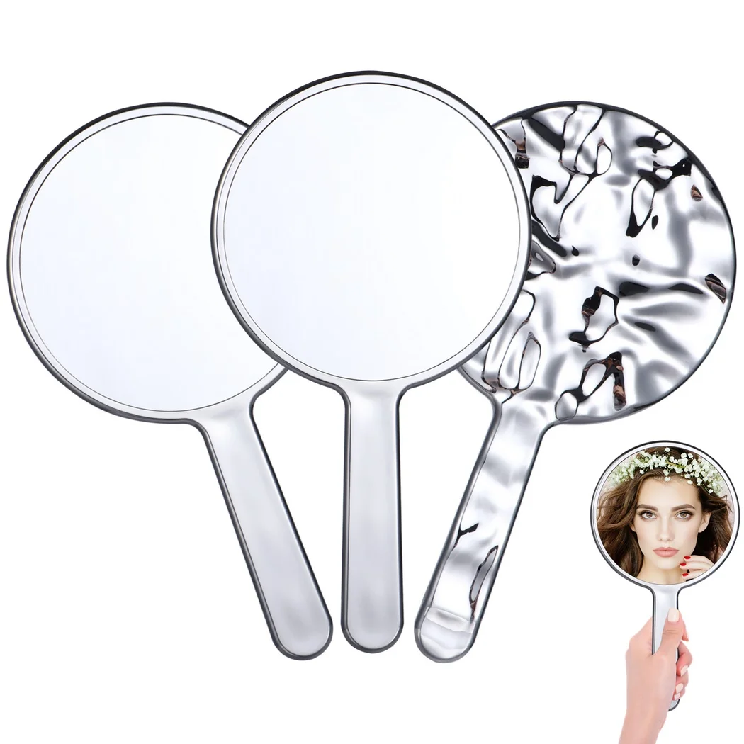 3PCS Electroplate Silver Handheld Mirrors Round Mirror With Handle Hand Mirror With Water Ripple Frame Cosmetic Mirror For Home