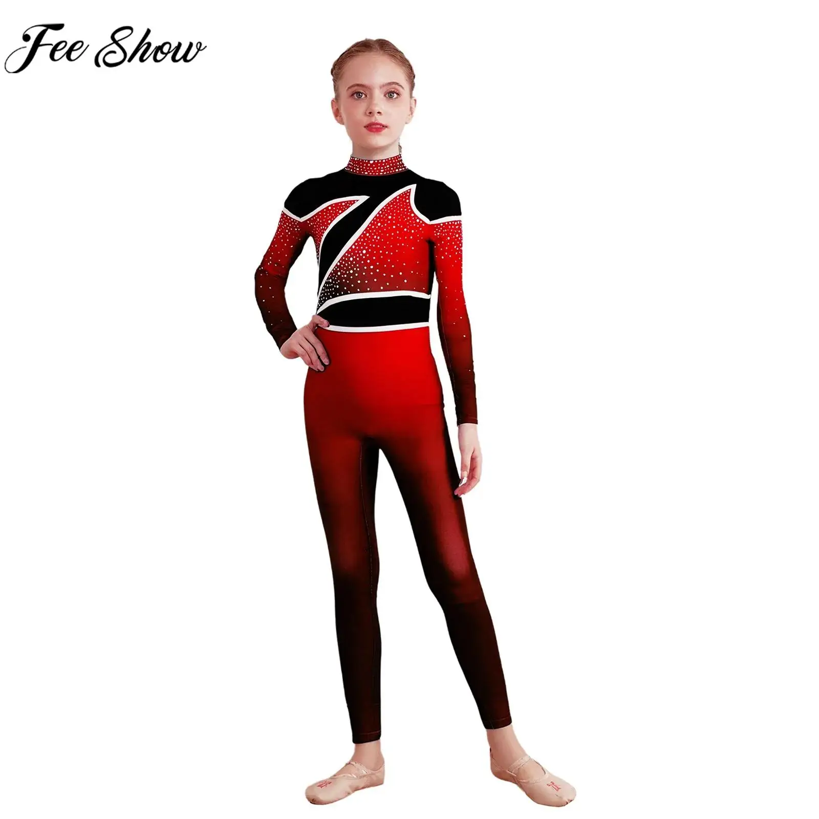 

Kids Girls Ballet Dance Gymnastics Figure Skating Acrobatics Yoga Leotard Long Sleeve Shiny Rhinestones Color Block Jumpsuit