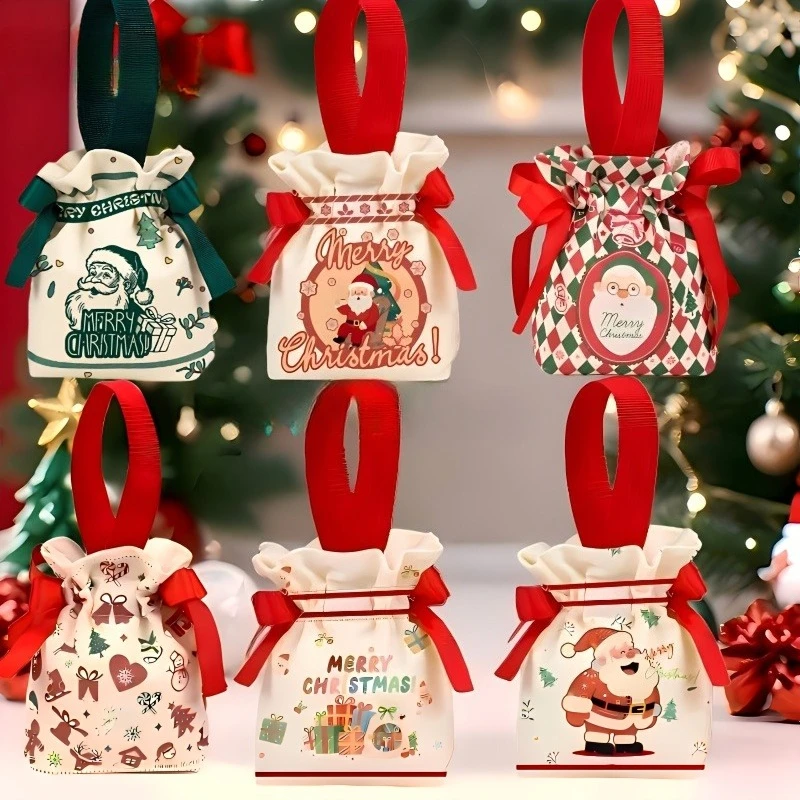 6 قطع من أكياس الهدايا القماشية لعيد الميلاد مع إغلاق برباط | أكياس هدايا الحفلات مناسبة للوجبات الخفيفة والحلوى والتفاح ومناسبات عيد الميلاد
