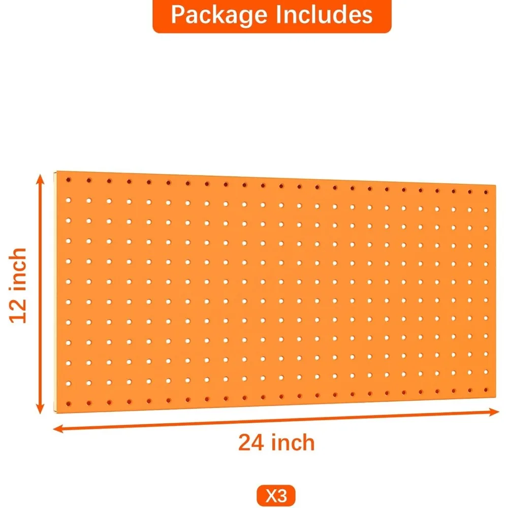 3Pcs Metal Pegboard Panels(12x24 inch) for Wall Garage Tools Storage Pegboard for Workbench, Modular Peg Board Tool Board Kit