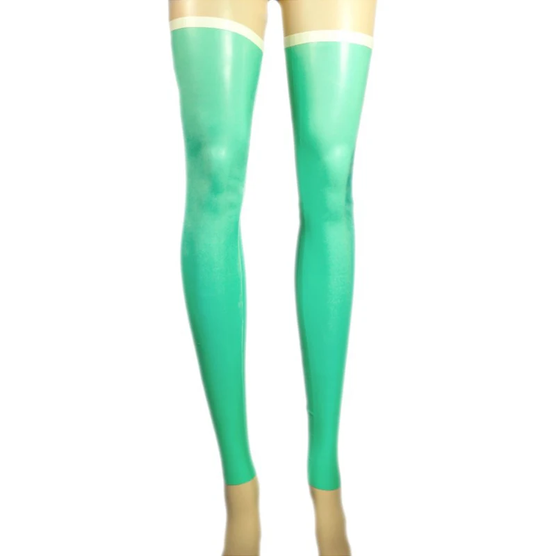 Jade Green And White Sexy Long Rubber Latex Thigh High Stockings With Trims At Top Open Feet WZ-0117