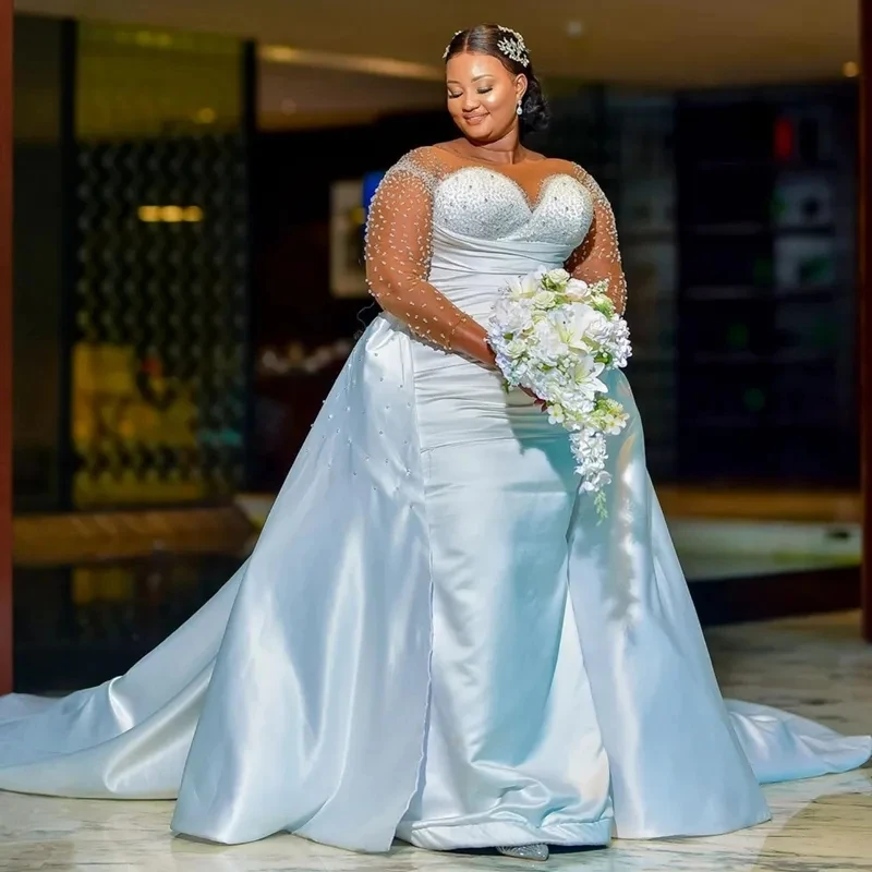 

2025 New African Wedding Dress Detachable Train Sheer Neck Long Sleeves Beaded Mermaid Bridal Bride Gowns Vestidos De Noiva