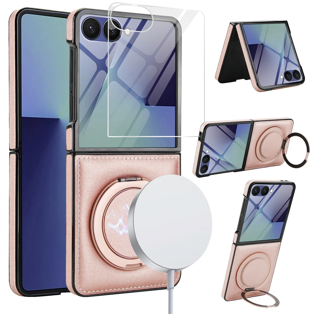 

For Samsung Z Flip 7 6 5 Magsafe Case 360° Ring Rotating Magnetic Holder All-inclusive Flip Leather Cover for Galaxy Z Flip 4 3
