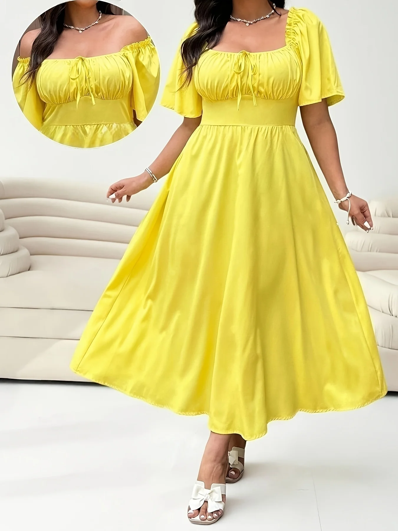 Vestido de vacaciones para mujer, amarillo brillante, con cuello convertible, cordón ajustable en el busto, manga corta, cintura alta y corte fluido.