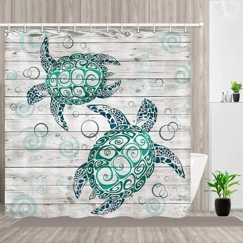 Sea Turtle Shower Curtains,Marine Animal Tortoise Turtle on Teal Rustic Wooden Plank Costal Beach Fabric Bath Curtain with Hooks