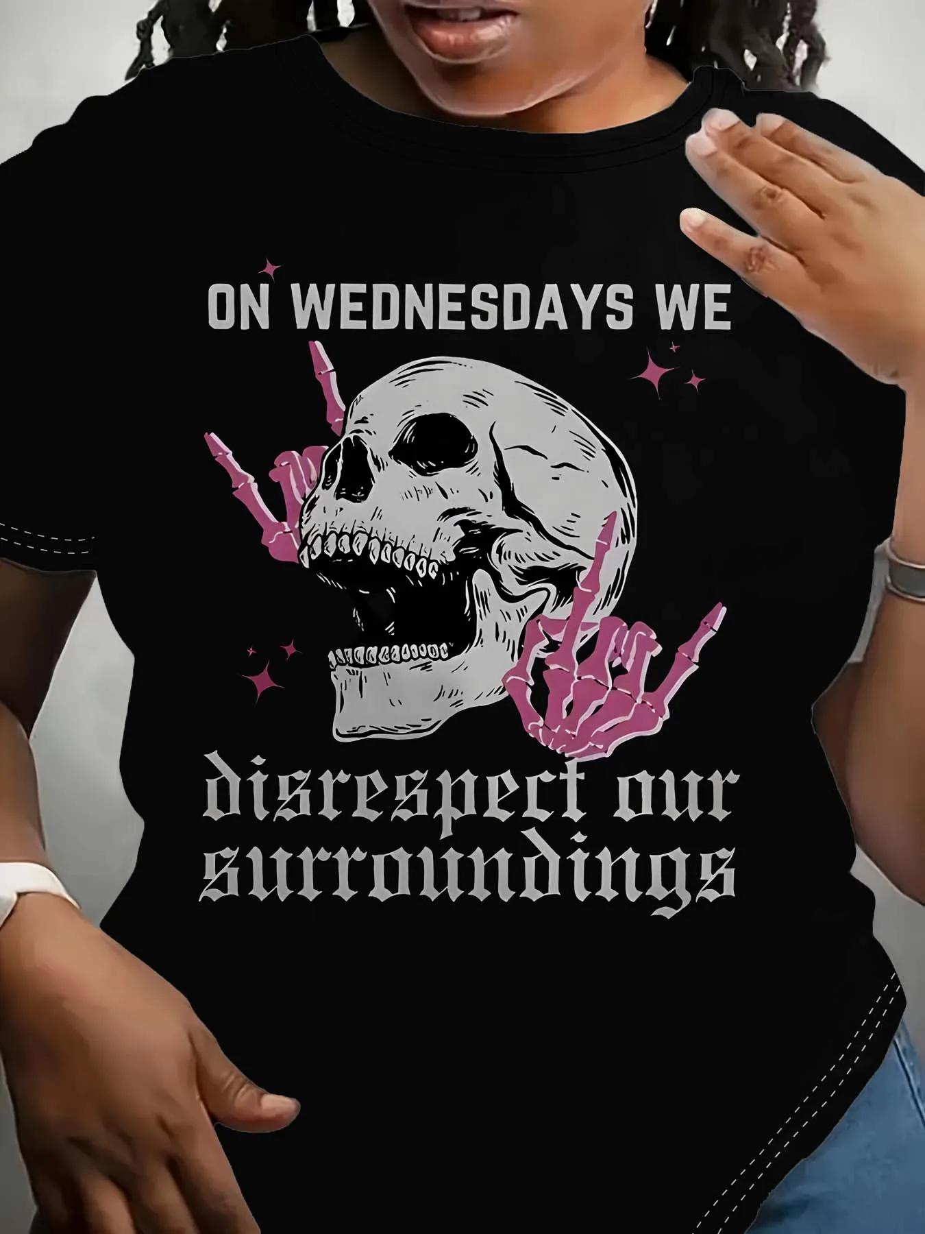 

Plus Size Edgy Skull With Rock Hands Design Unique Fashion Expression Apparel