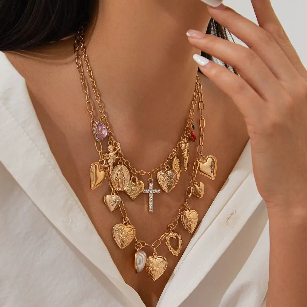 

Vintage Style Heart Pendant Necklace Metal Material Imitation Pearl Rhinestone Cross Choker Collarbone Chain Double-layer