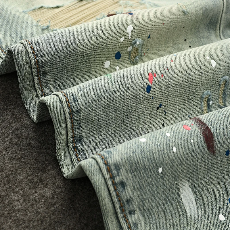 Y2K Fashion NewY2K Jeans Scratch Painted Wash Water Nostalgic Retro Light Grey Blue Men's Jeans High Quality Pants Hombre