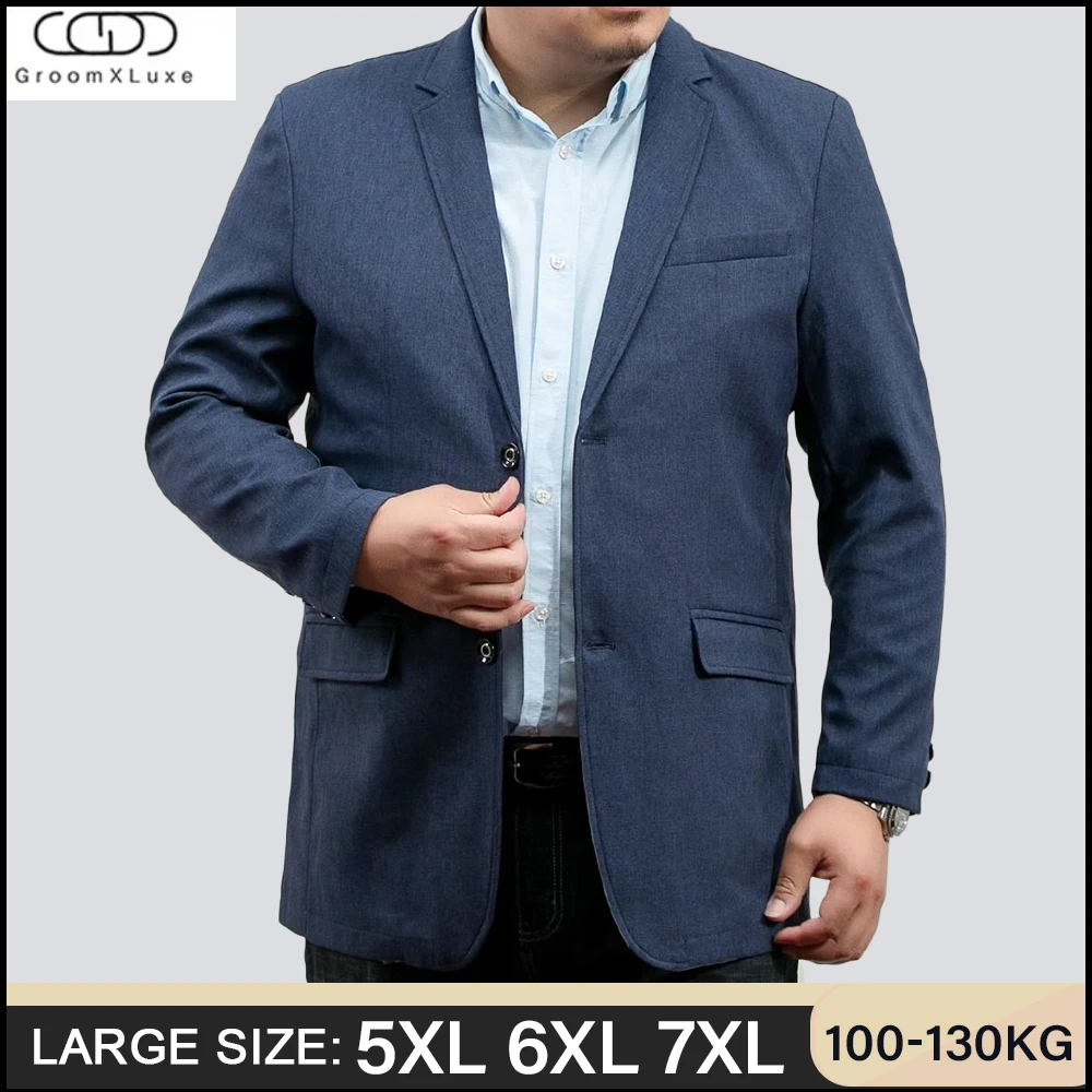 

GROOMXLUXE Men's Oversized Blazers Two Buttons Elegant Suits Jacket Obese Male 6XL Blazer Dress Formal Costume Wedding Blue Gray