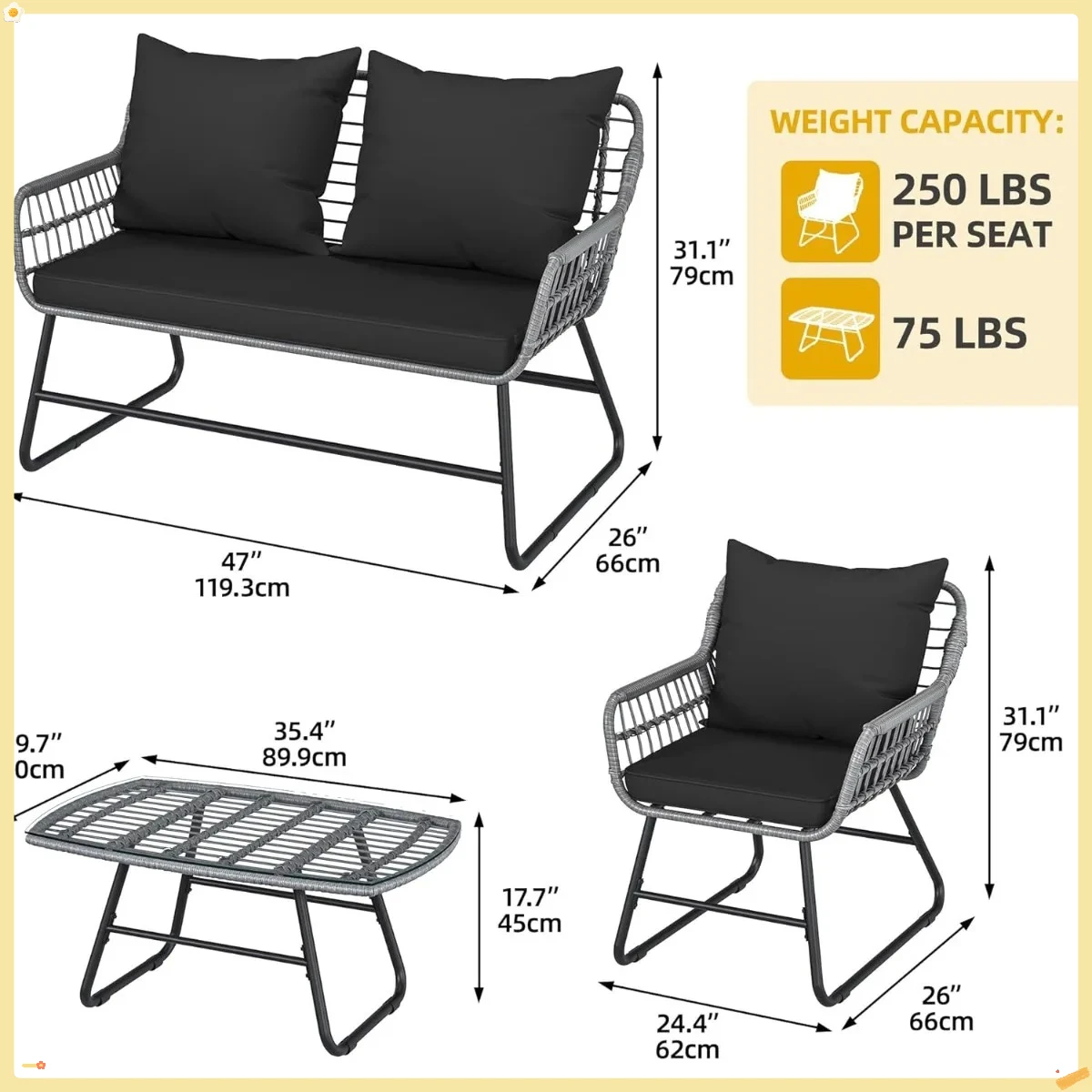 Set di mobili da giardino per esterni da 4 pezzi, set da conversazione in rattan di vimini PE per tutte le stagioni con morbidi cuscini e tavolo in metallo