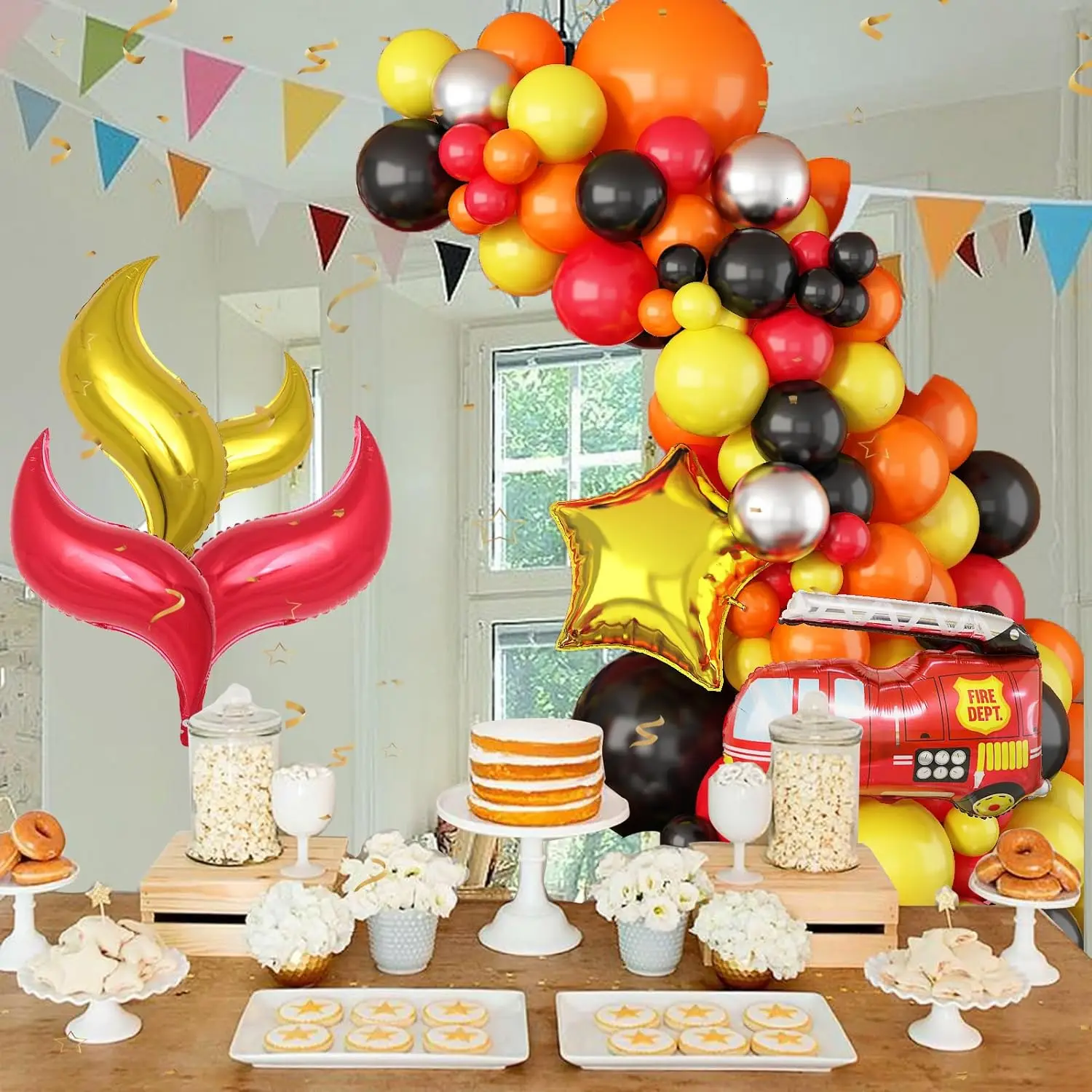 1set Fire Truck Theme Balloon Garland Arch Kit Black Orange Red Latex Balloons Set for Boys Kid Fire Truck Birthday Party Supply