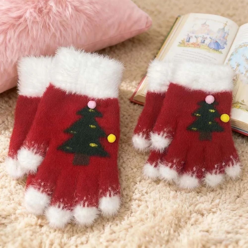 Red Green Christmas Gloves Knitted Woolen Cuff Winter Knit Mittens Double Colored Thick Lining Touchscreen Full Finger