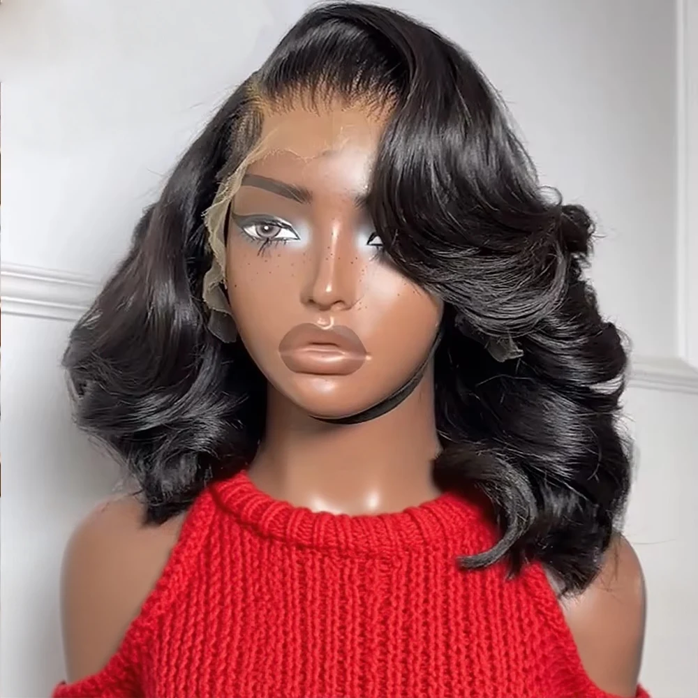 BVYWELL Perruques Courtes Bob en Cheveux Humains Naturels Vietnamiens Bruts, Ondulés et Mouillés, avec Dentelle Frontale HD 13x6, Densité 250%, Noir Naturel, Ondulations Corporelles, 16 Pouces, Pour Femmes