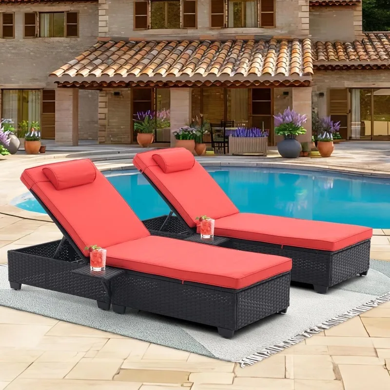 

Wicker Chaise Lounge Set of 2, Outdoor Patio Lounge Recliner Chair with Adjustable Backrest,Side Shelf for Garden Yard Poolside