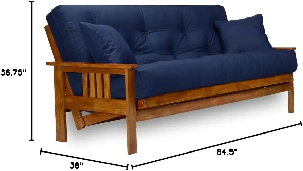 Futon Frame Queen Size with Mattress Included 8 Inch Thick Heavy Duty Wood Sofa Bed Choice Twill Navy Blue