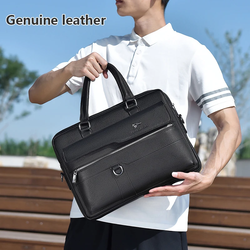 Luxury Genuine Leather Briefcase for Man Vintage Top Layer Cowhide Office Business Messenger Shoulder Side 15.6 inch Laptop Bag