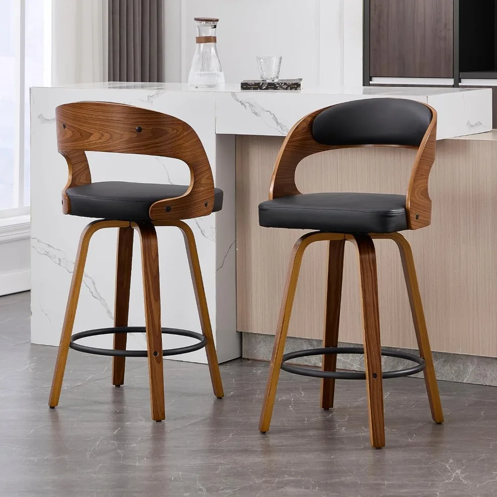 

Swivel Bar Stools Set of 2, Walnut Counter Height Bar Stools with Back and Arms, 26" Modern Faux Leather Upholstered Bar Chairs