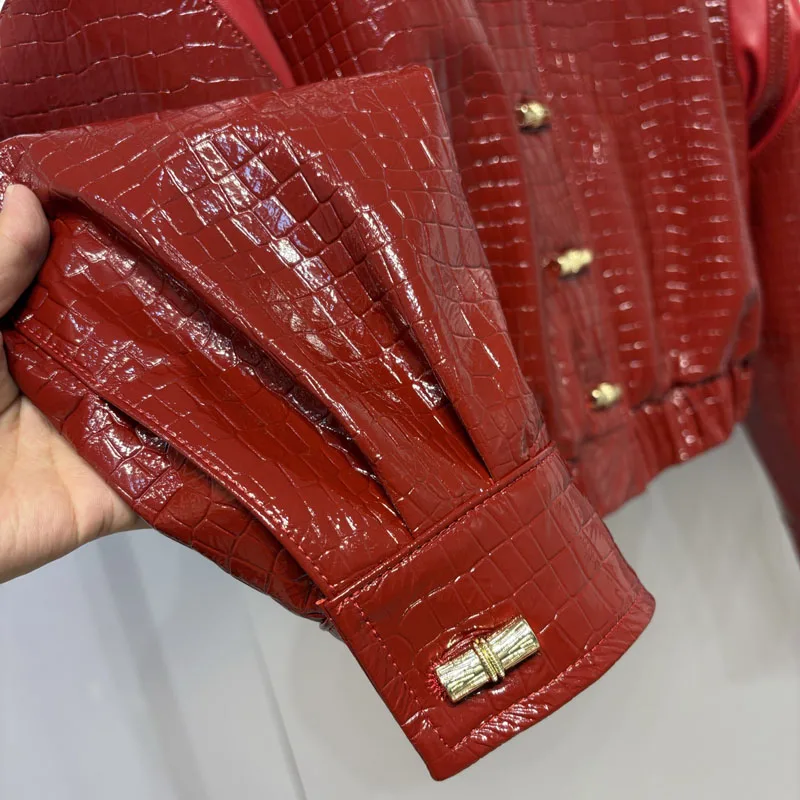 Manteau femme printemps et automne 2025, nouvelle mode, peau de mouton véritable naturelle, Imitation peau de crocodile, texture courte longueur