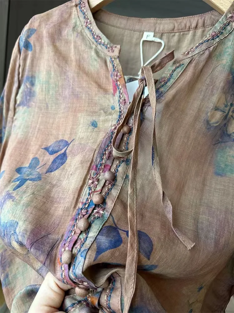 Retro chińska bluzka damska z nadrukiem, z bawełny i lnu, letnia, cienka, codzienna, luksusowa, modna, o luźnym kroju.
