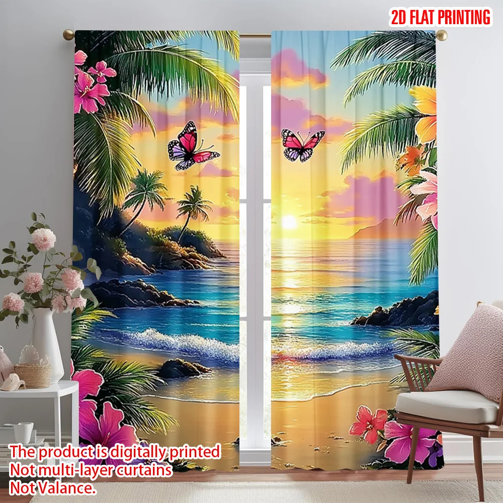 2pcs,2D plane printing Popular Curtain Panels Vibrant Flowers & Palms Polyester Easy Install (without rod) Versatile All Use for