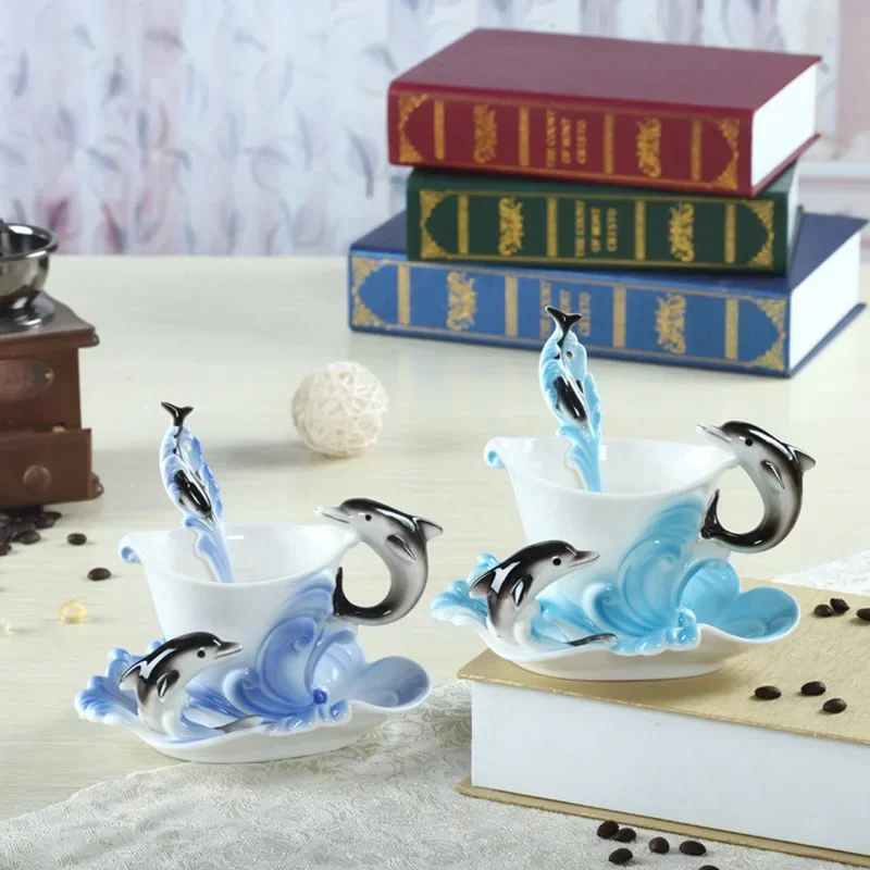 Ceramic Handicrafts Dolphin Cup Plate Blue Creative Ceramic Tea Cup Fashionable and Light Luxury Blue Jade Chinese Tea Cup