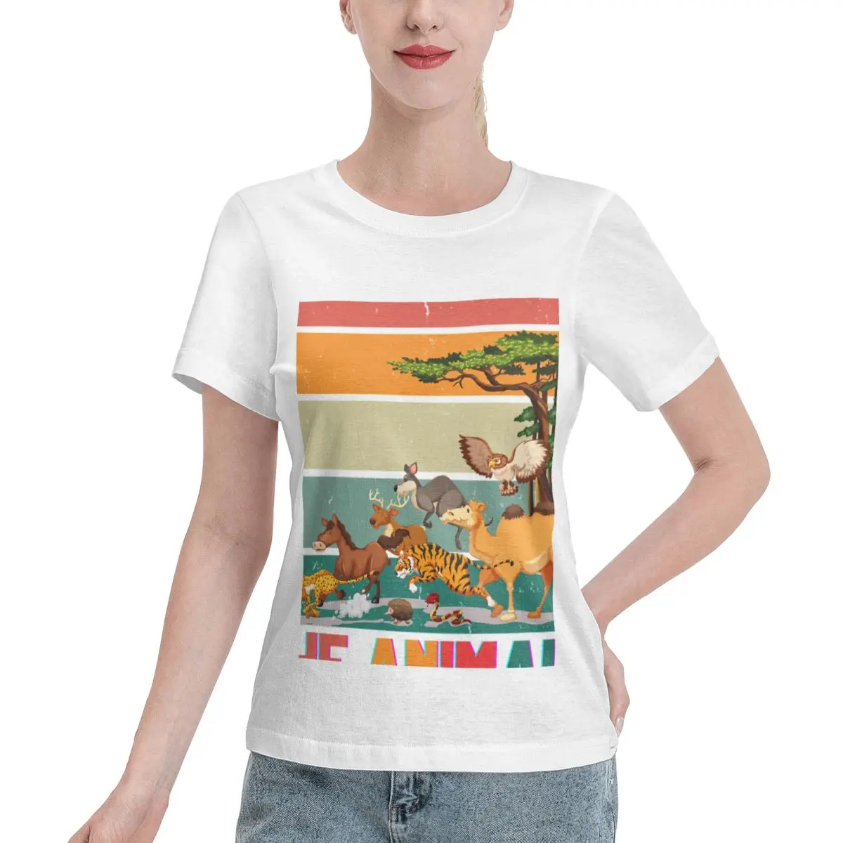 Easy To Pair The Animals In The Retro Sunset Women's T-shirt Holiday Casual Non Shrink Tshirt