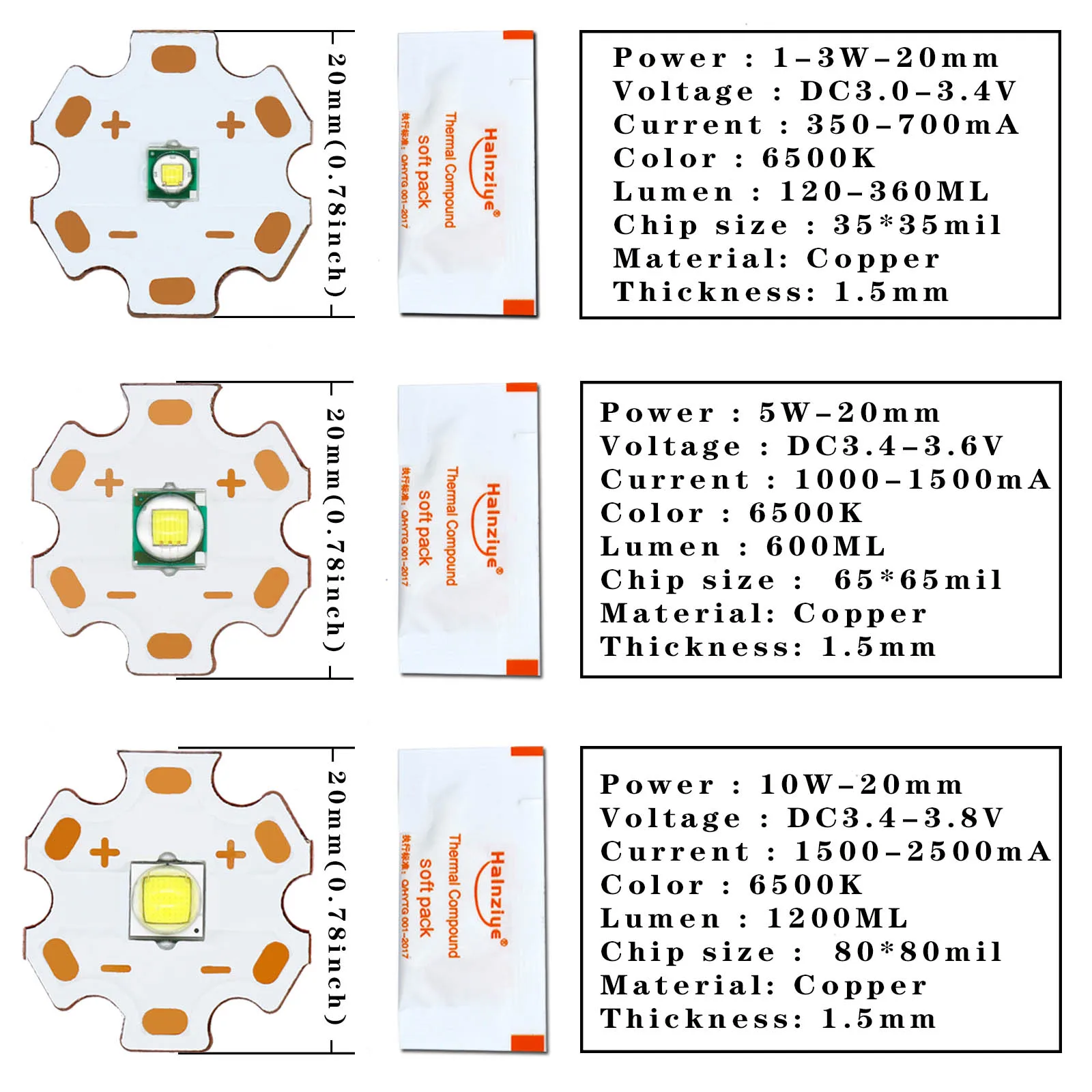 Diodo emisor de luz LED de alta potencia, accesorios PCB de cobre para linternas, luces de bicicleta y coche, 3W, 5W, 10W, DC3V, 16mm, 20mm