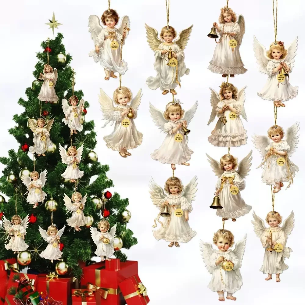 

12PCS Wooden Angel Ornaments Set Cute Angel Hanging Decor for Christmas Tree Window Classic Holiday Season Home & Party Decor