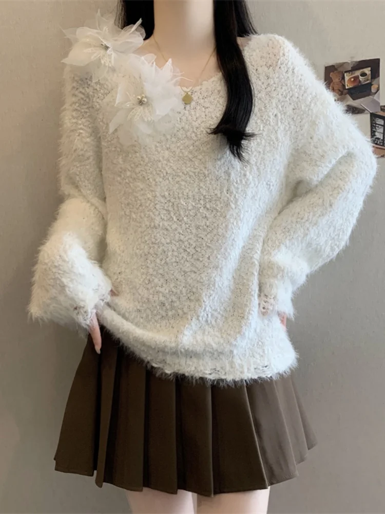 

SMTHMA женский новый осенне-зимний мягкий свитер с 3D цветами в ленивом стиле, женский свободный дизайн в стиле ретро, плюшевый вязаный топ