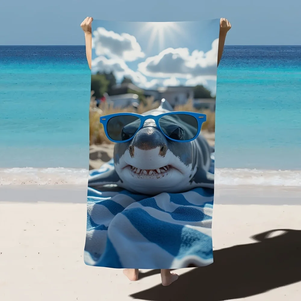 Divertida toalla de playa con estampado de gafas de tiburón, microfibra de secado rápido a prueba de arena para viajes a la playa, natación, buceo, surf, yoga, camping