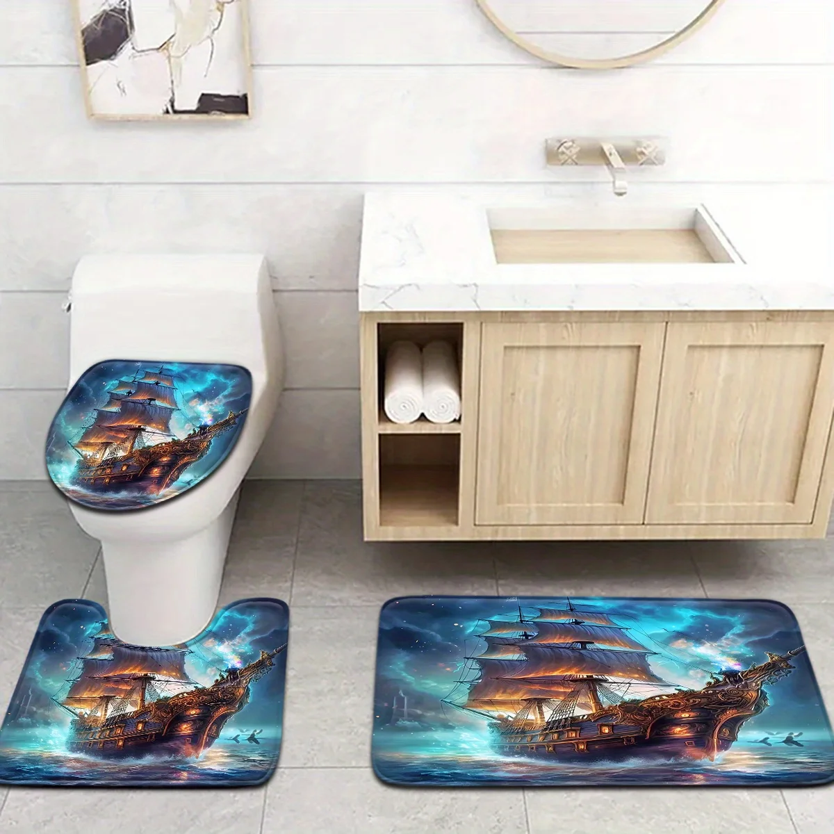 3pcs Night Sea Bath Mat Set - Lone Boat Design Toilet Cover & U-Shaped Rug, Coastal Themed Bathroom Decor