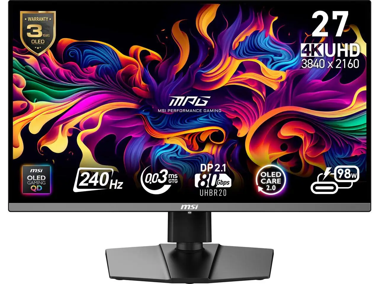 MSI 27 inch UHD 4K 240Hz AMD FreeSync Premium Pro & G-Sync Compatible HDR400 USB-C OLED Gaming Computer Monitor with Height Adjustable, Swivel, Pivot & Tilt stand MPG 272URX QD-OLED