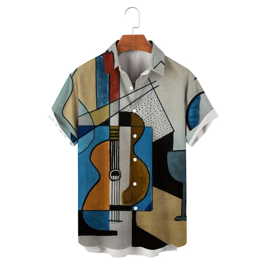 HXFashion Men Shirts Jazz Art Graffiti Splicing Casual Shirts 3D Graphic Streetshirts Beach Shirt Streetwear Ropa Hombre