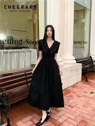 CHEERART Puff Sleeve Black Long Modest Dress Women 2024 Summer V Neck Tunics Short Sleeve A Line Midi Dress