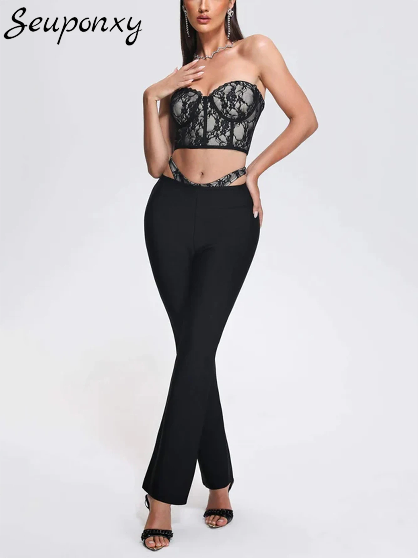 

High Quality Black Women'S Fashion Bandage 2 Two-Piece Set 2023 Sexy Lace Bra Short Tank Top+Hollow Flared Pants Street Slim Set