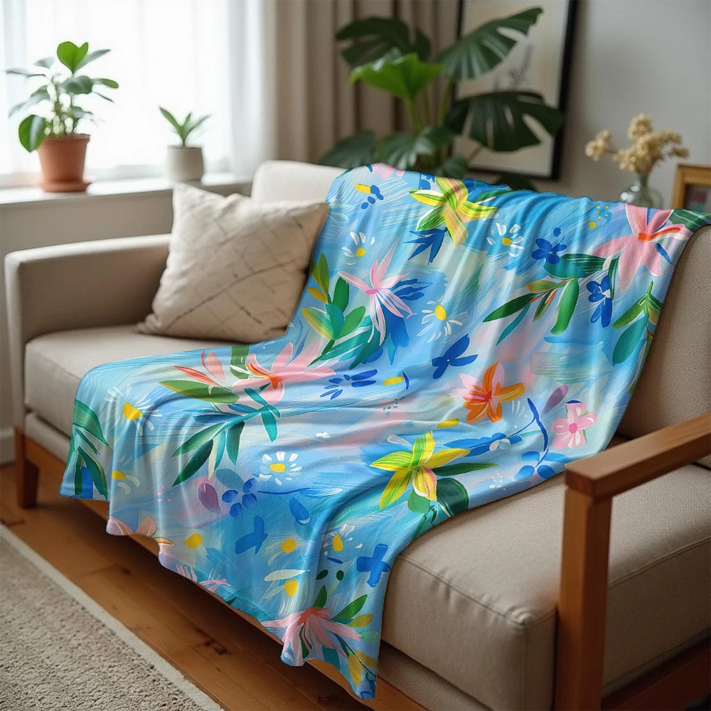 Blue Base Pink Floral Cartoon Anime Print Flannel Blanket Soft Warm Throw for Kids Bedroom Sofa Bed Christmas Office Car