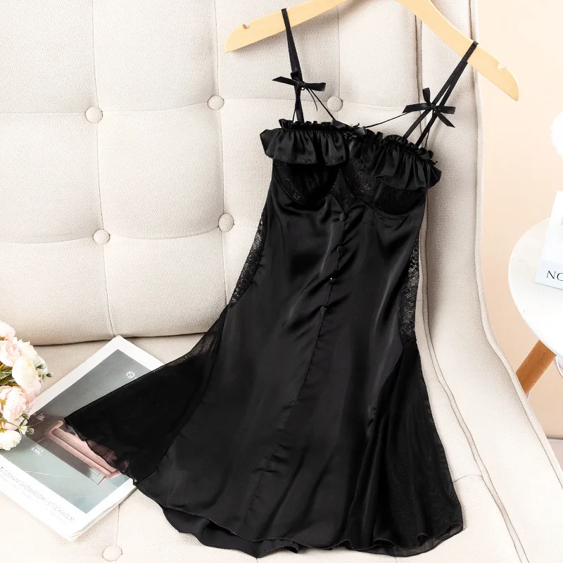 Sexy Women\'s Nightdress Intimate Lingerie Suspender Lace Mesh Gauze Bow Nightgown Satin Casual Home Clothes Sleepwear