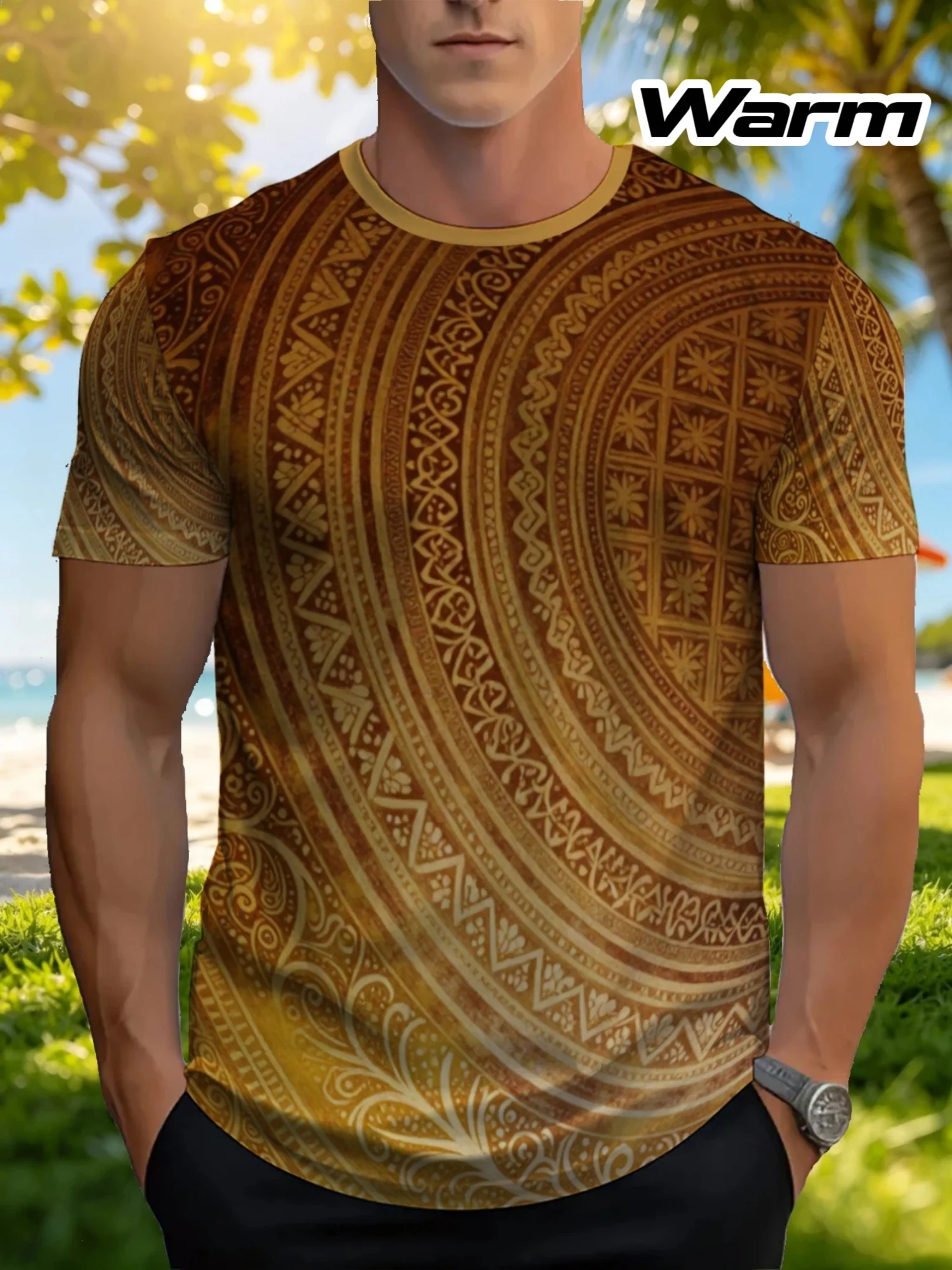 Men Golden Tribal Curve Geometric Print T-shirt O-neck Short Sleeve Vintage Ethnic Casual Tops