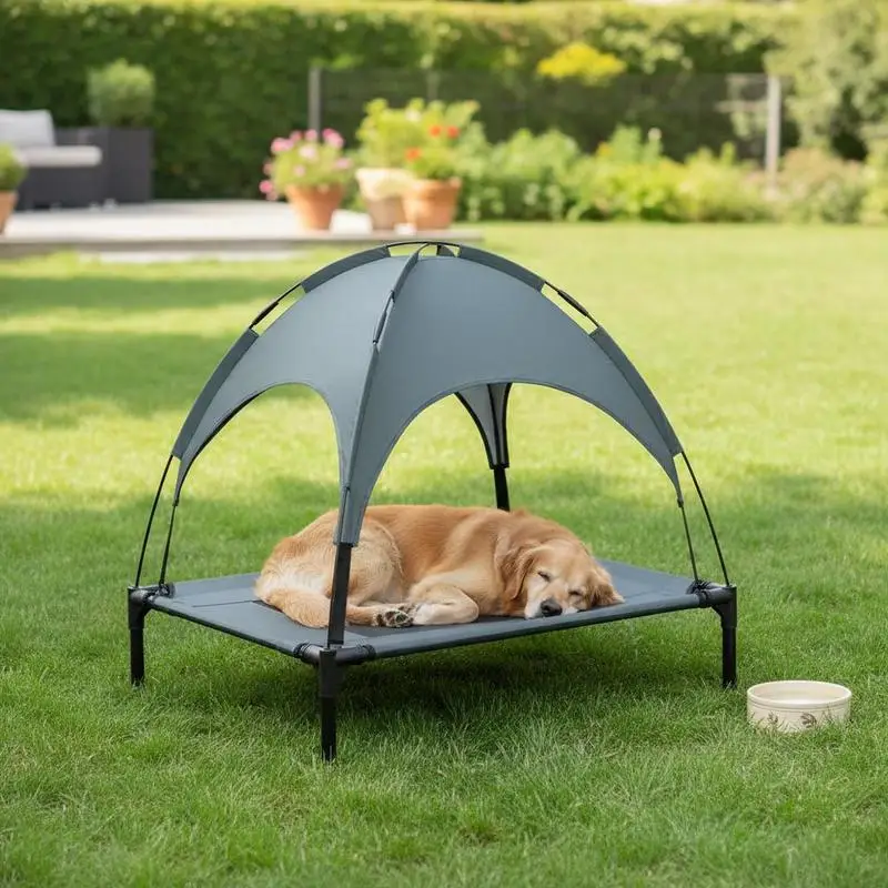 

Raised Dog Bed Waterproof Elevated Pet Cot with Breathable Mesh UV Protection Canopy Grey, for Medium Dogs, 76 x 61 x 73cm